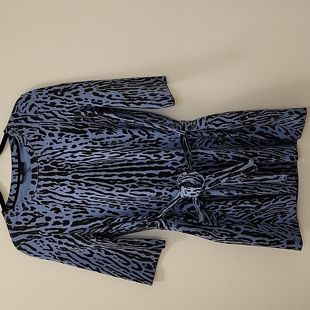 Maje Blue Black Animal Print Short Sleeve Mini Belted Dress Small - Picture 3 of 16
